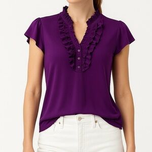 Purple T-shirt Ruffled V-neck Flutter Cap Sleeves Personality Piece M
